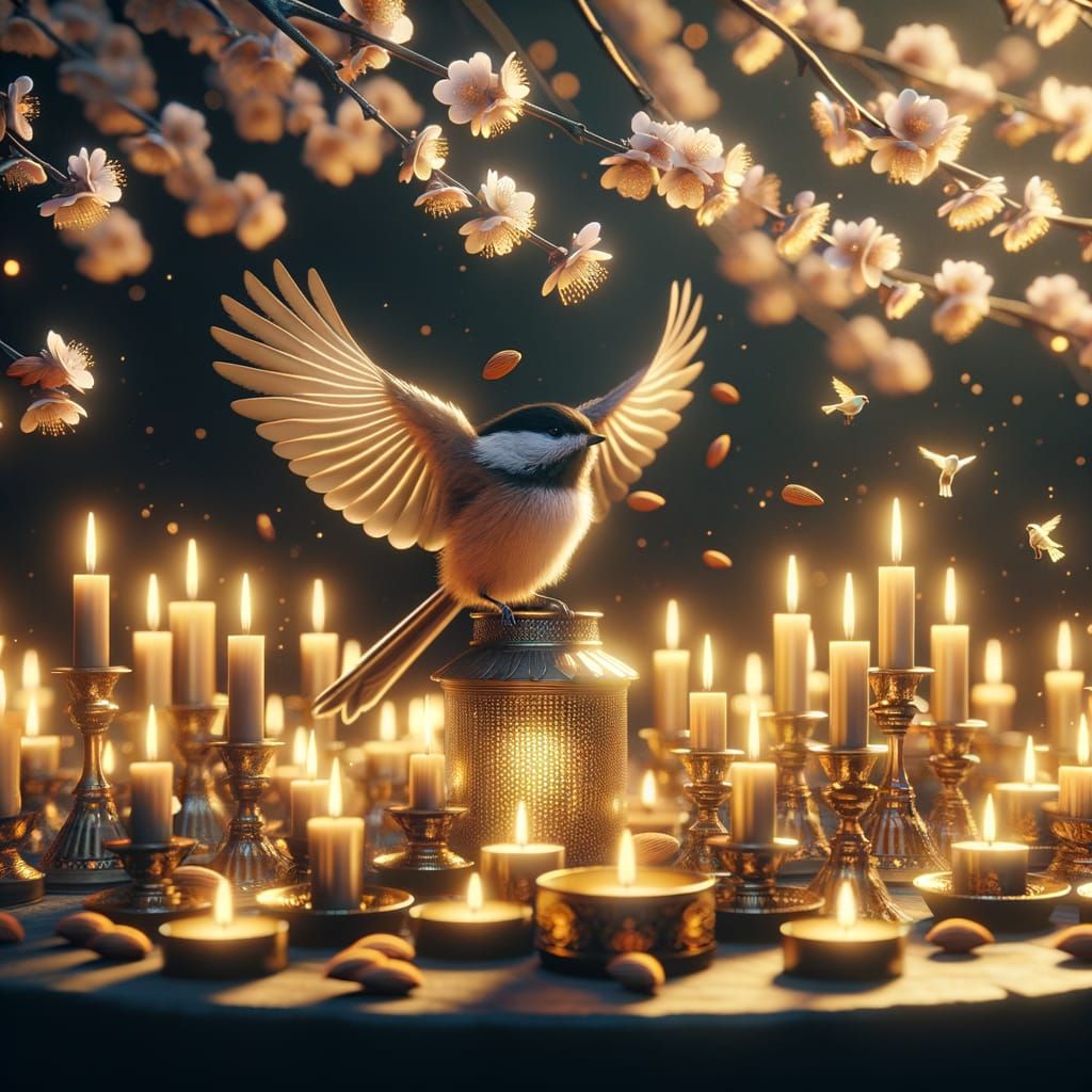 Chickadee in Night Scene with Golden Candlesticks