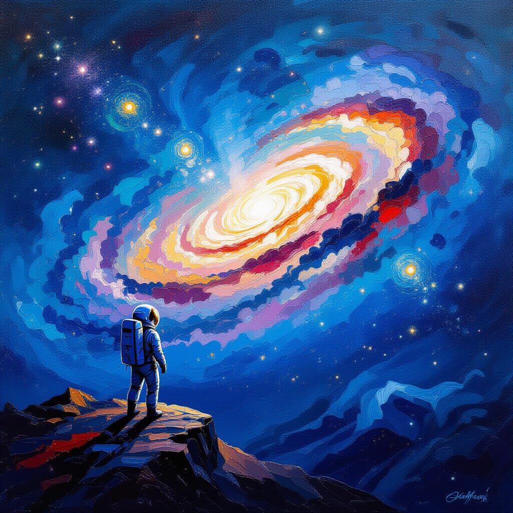 Astronaut Gazes at Galaxy in Cosmic Nebula