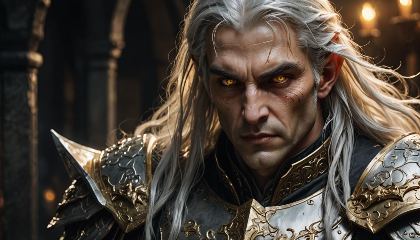 Elf Vampire in Gold Armor: Hyper-Realistic Portrait