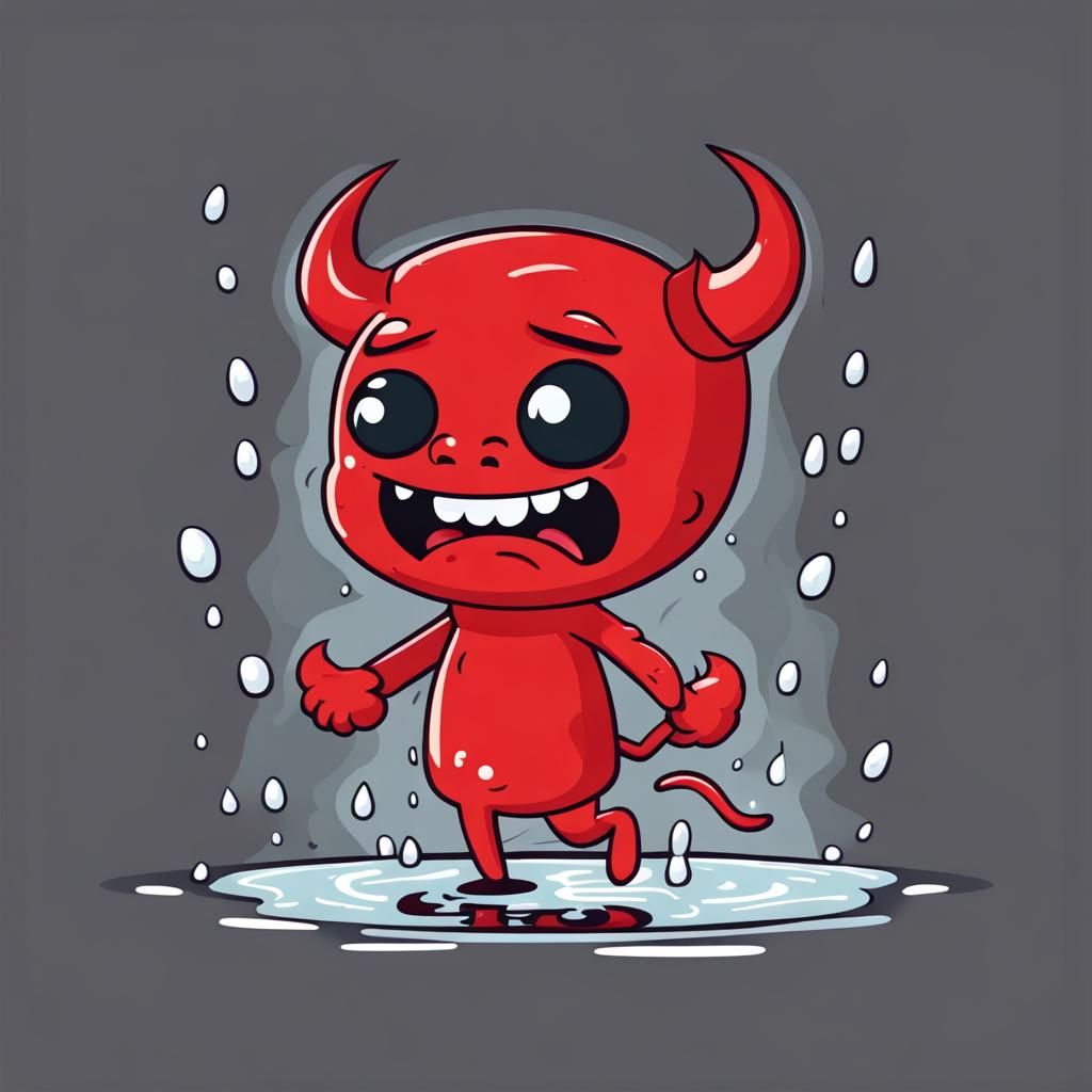 Playful Red Devil Skipping on a Gloomy Day