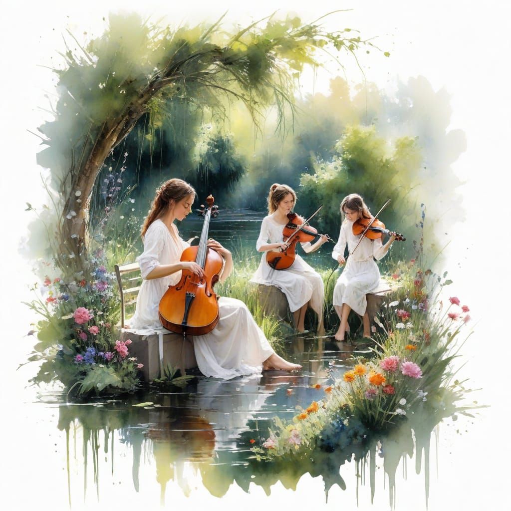 Ethereal String Quartet Performance in Sunlit River Garden