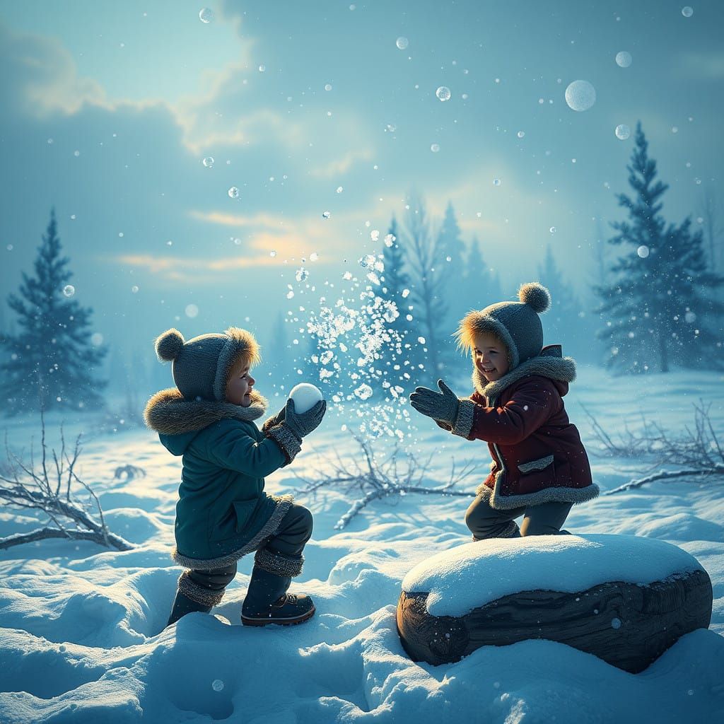 Whimsical Children Engage in a Snowball Battle in a Fantasti...