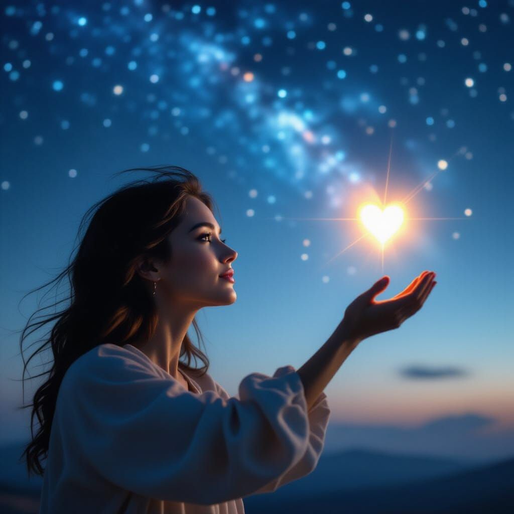 Woman Reaches Across Stars, Heart Glowing