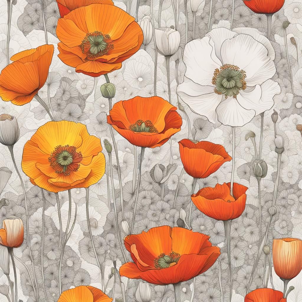 Iceland Poppies Ink Drawings