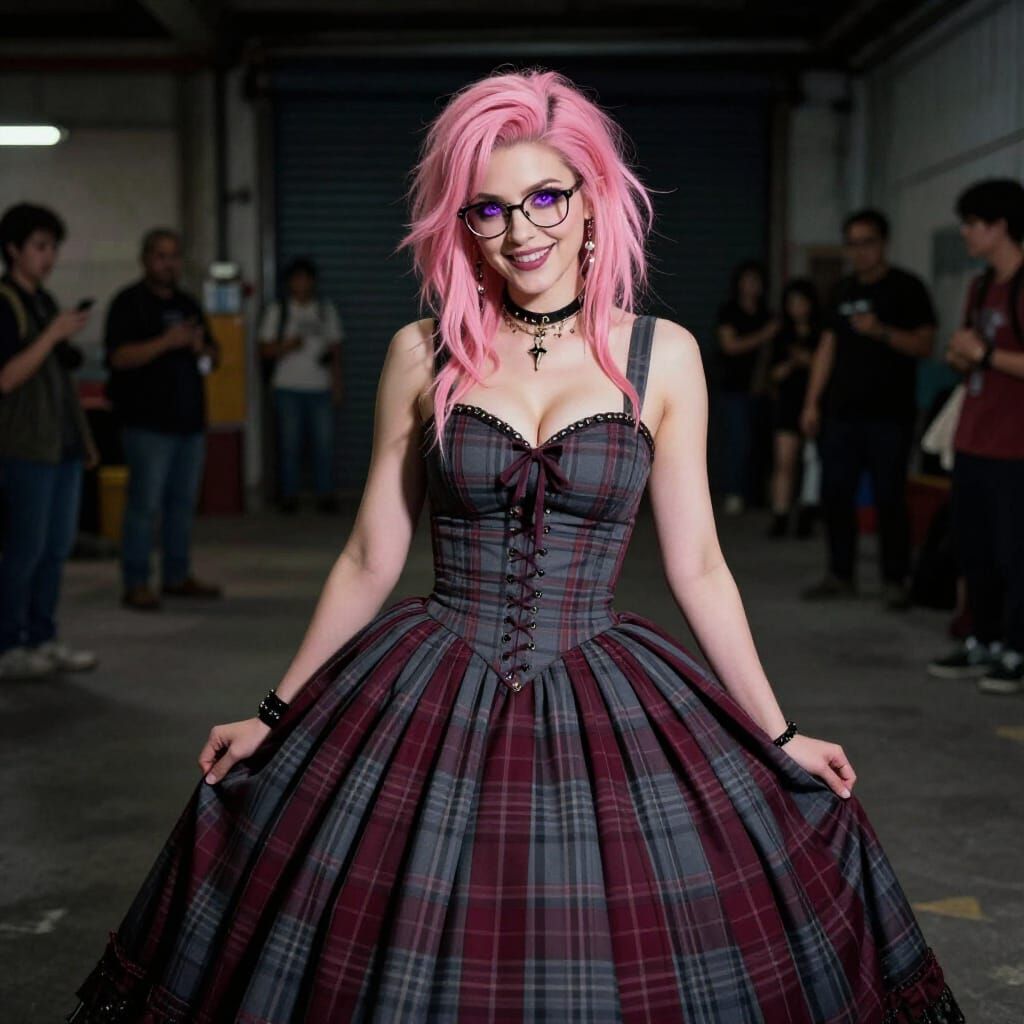 Pink Haired Woman Poses in Punk Ball Gown