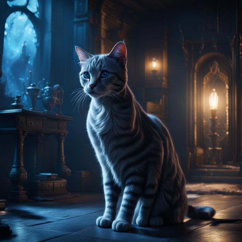 Blue Lit Cat in Dark Room: Detailed Matte Painting