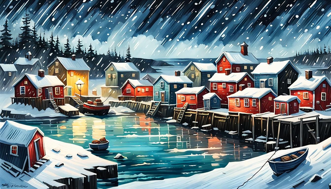 Snow falling over a Quaint old fashioned sea shanty fishing town in Newfoundland Mark Brooks and Dan Mumford, comic book...