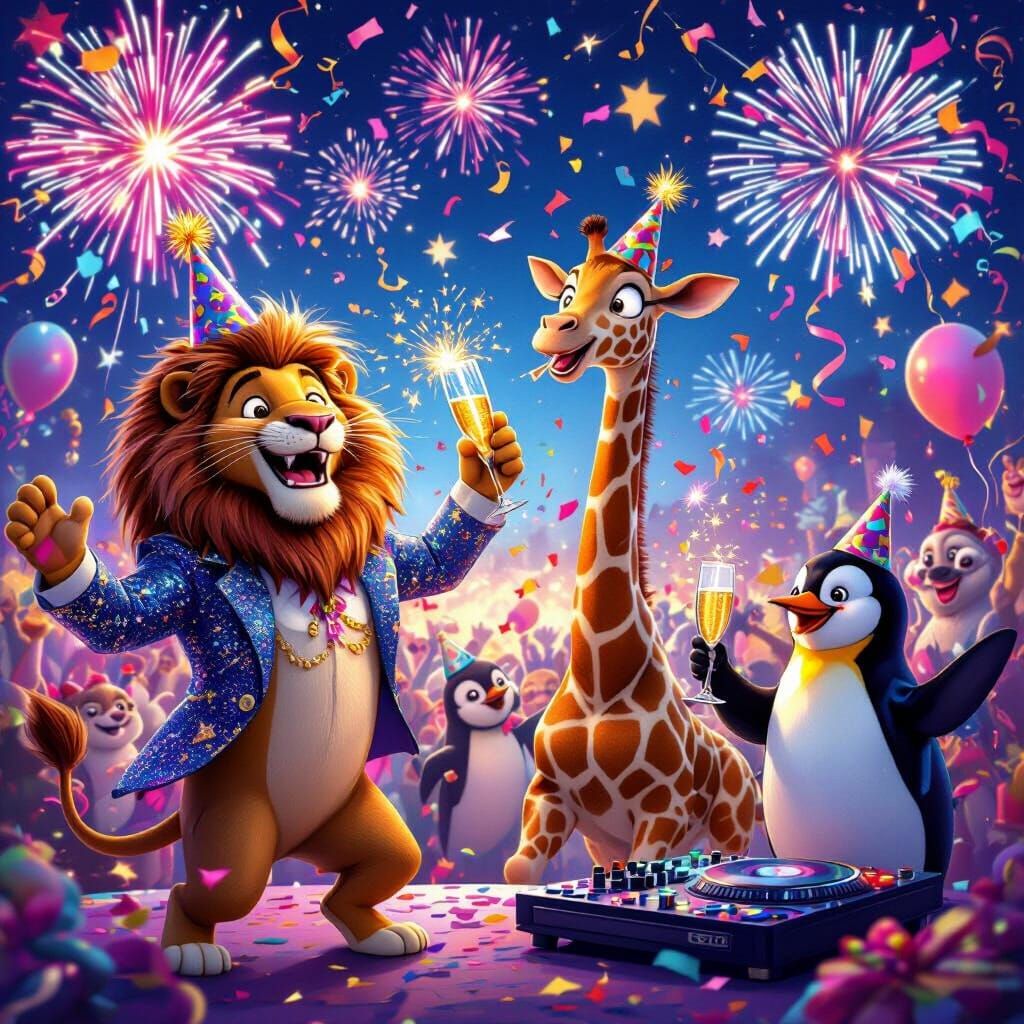 Whimsical Animals Celebrate New Year's Eve in Fantasy World