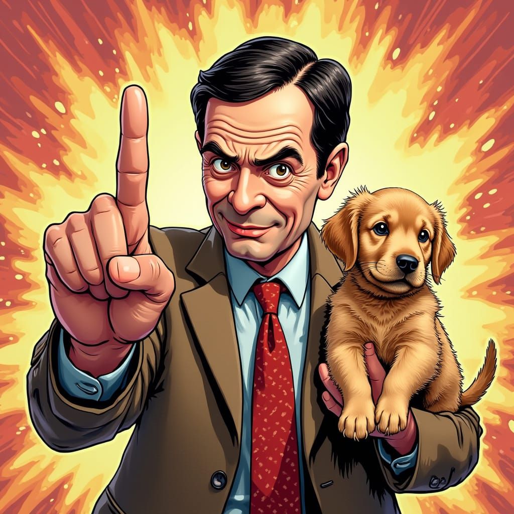 Mr Bean and Puppy Flip Off Viewer in Comic Style