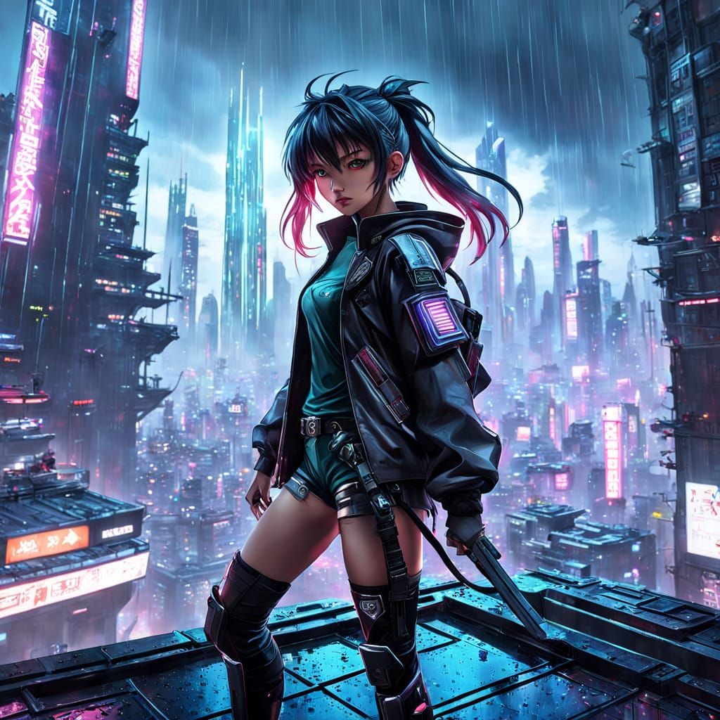 Anime Cyber Kunoichi Overlooking Neon Metropolis