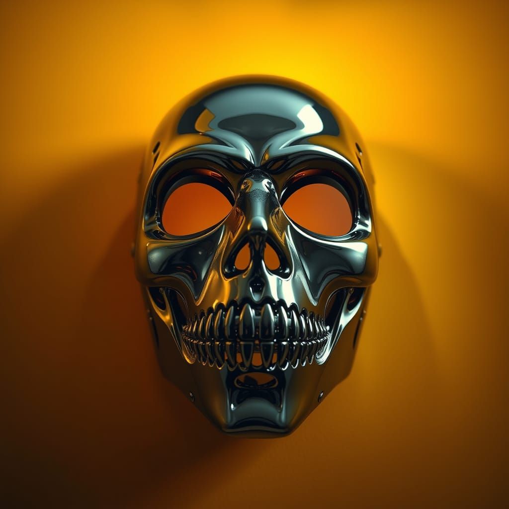 Silver Chrome Horror Mask Emerges from a Golden Yellow Backd...