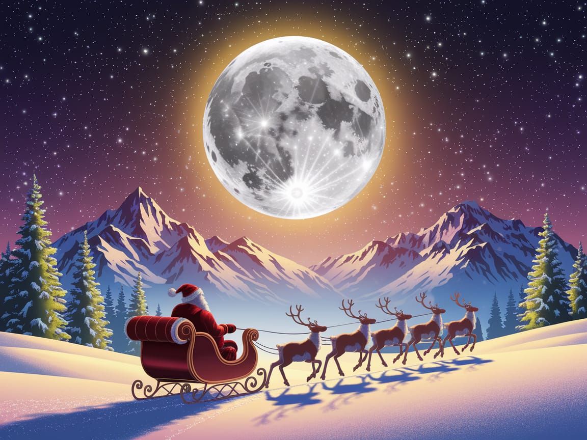 Santa's Sleigh Flies Under a Starry Winter Moon