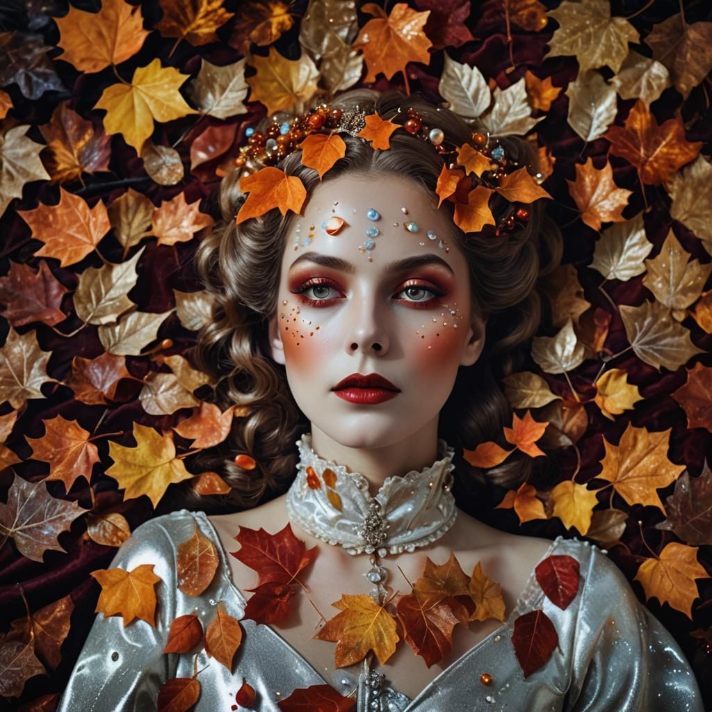 Dreaming Woman in Autumn Leaves, Surreal Rayograph