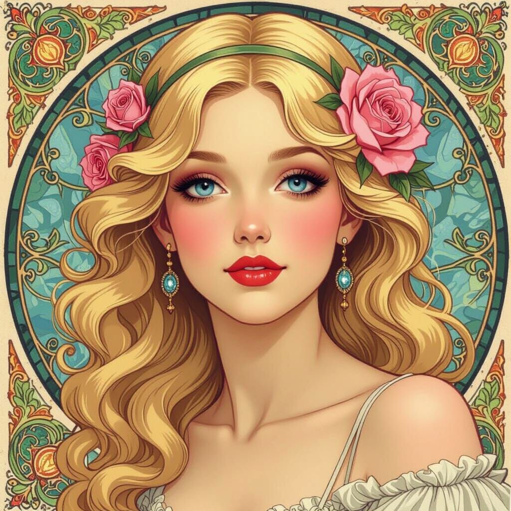 Blonde Beauty with Pink Lips in Art Nouveau Style