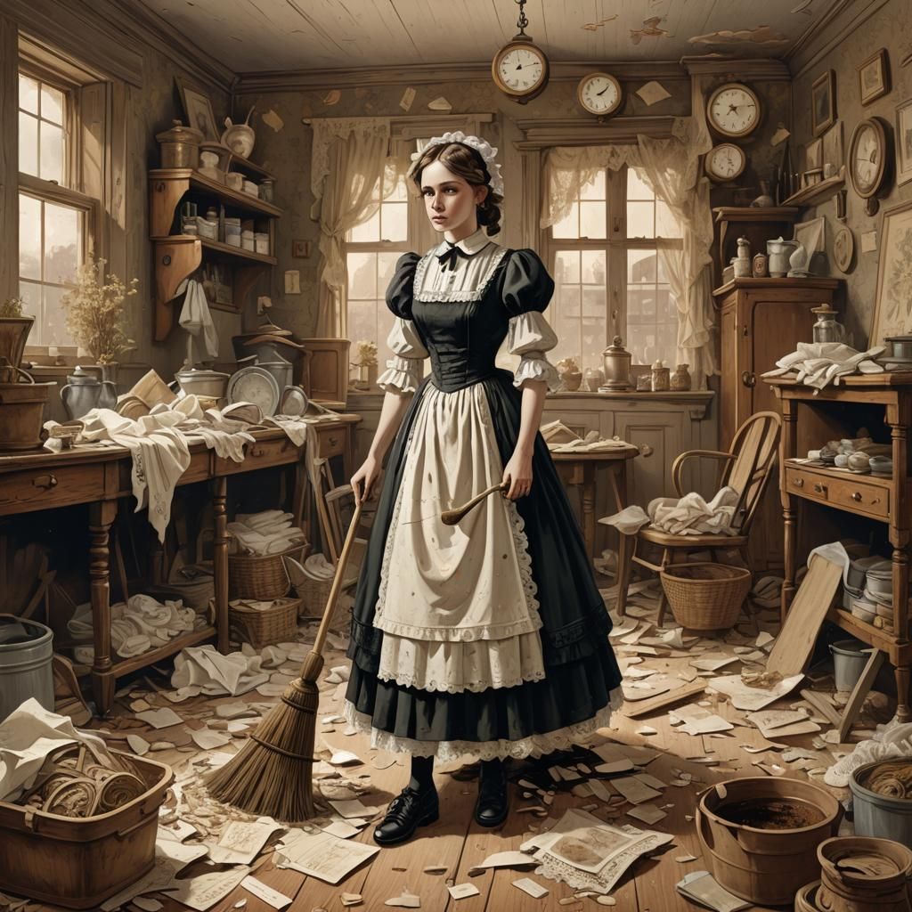 Victorian Maid in Cluttered Room: Whimsical Illustration