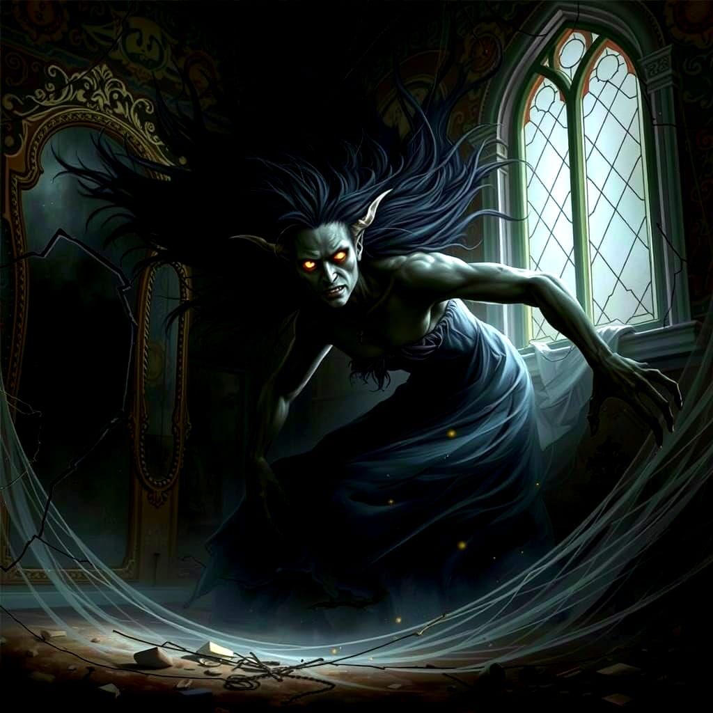 Spectral Demon Emerges from Mirror in Gothic Horror Style