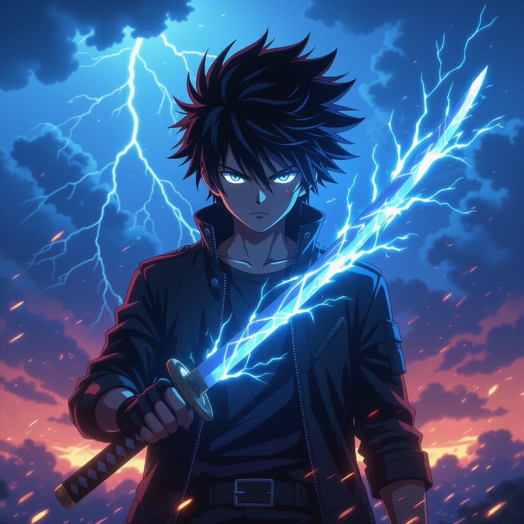 Electric Katana Anime Boy in Stormy Landscape