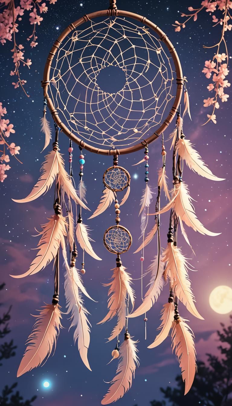 Anime Dream Catcher in Moonlit Night Sky