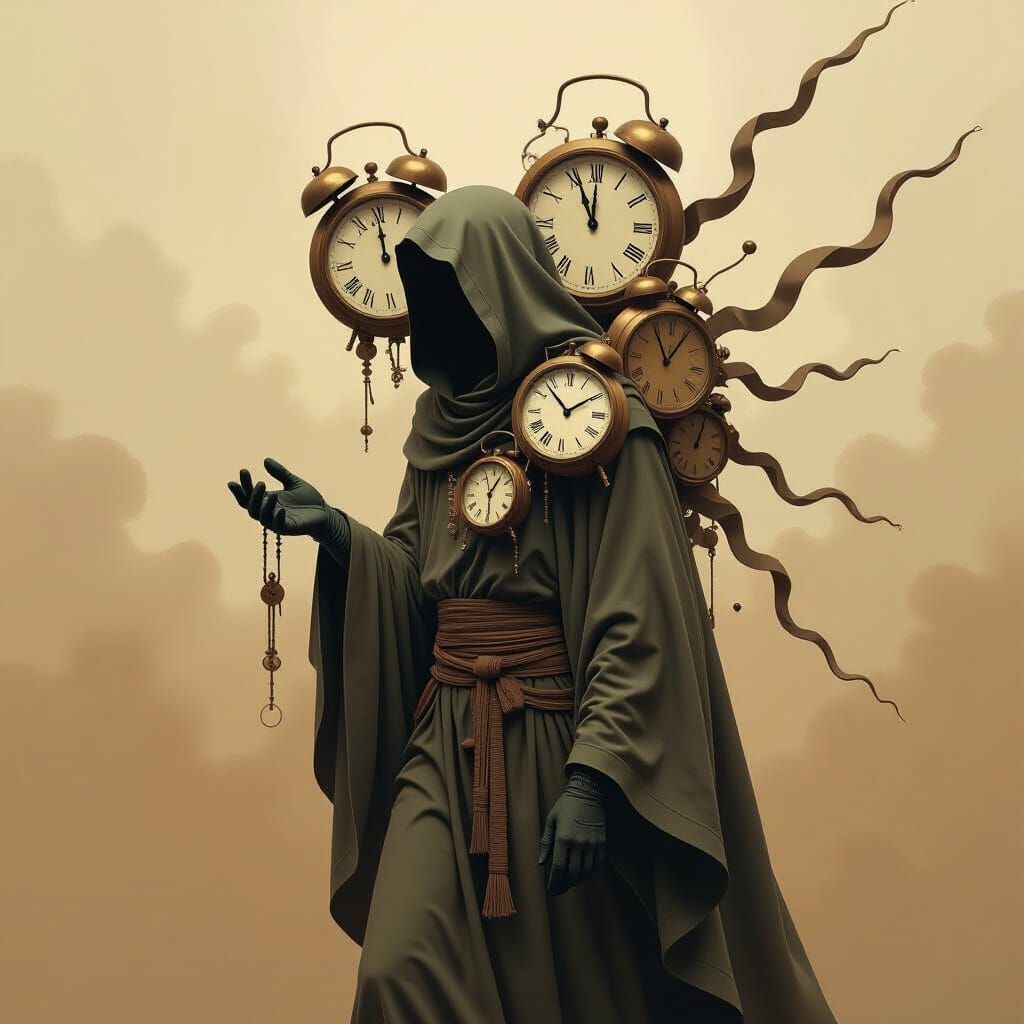Surreal Figure Carries Time Symbols in Muted Earth Tones