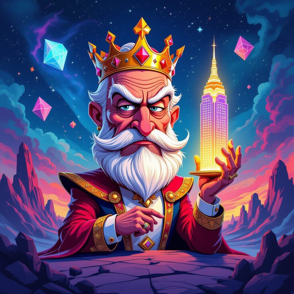 King of Diamonds Caricature Holding Glowing Skyscraper in Su...