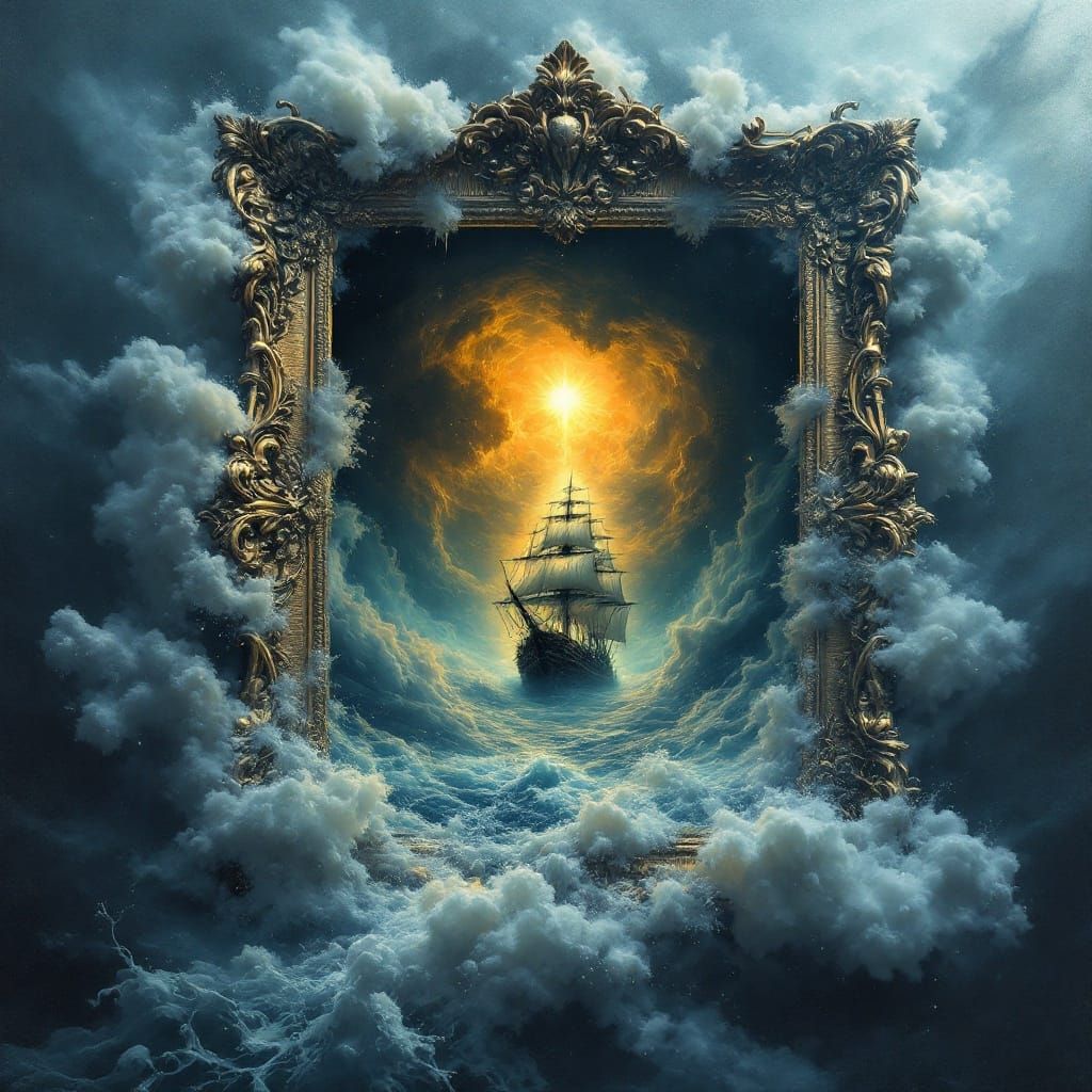 Surreal Maritime Encounter in Cosmic Horror Style