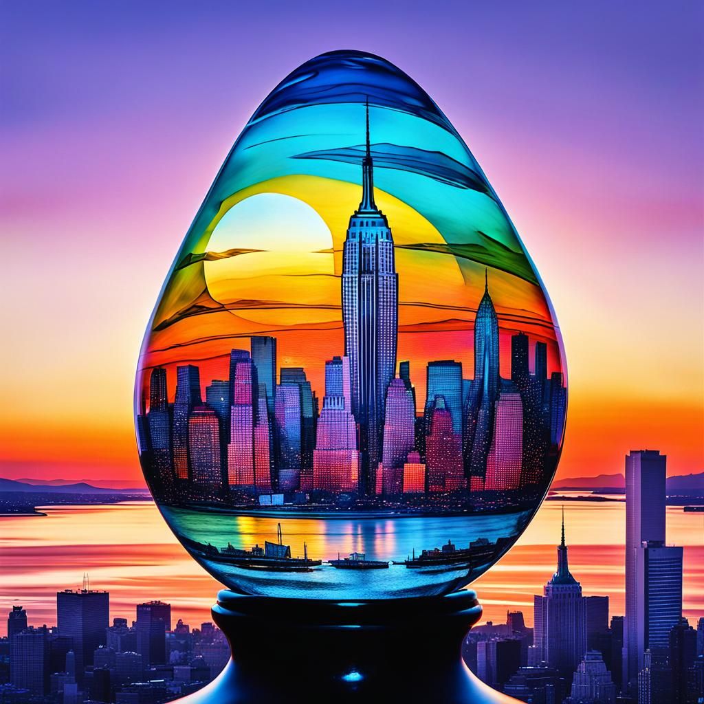 Crystal Pear Sunset Over New York, Art Nouveau Style