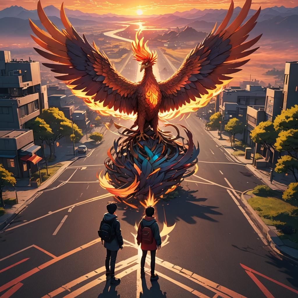Crossroads Choice: Anime-Inspired Phoenix at Sunset