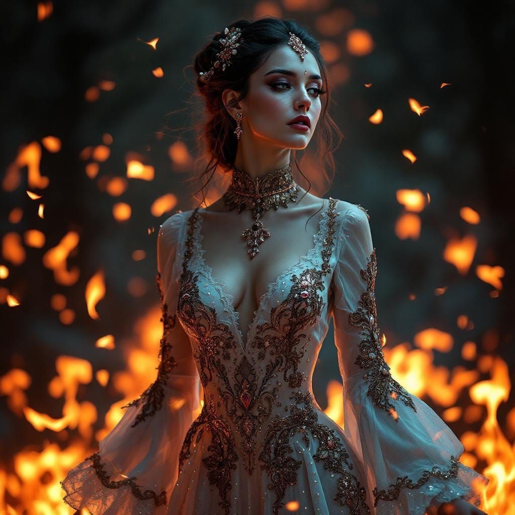 Woman in Polish Dress Surrounded by Flames