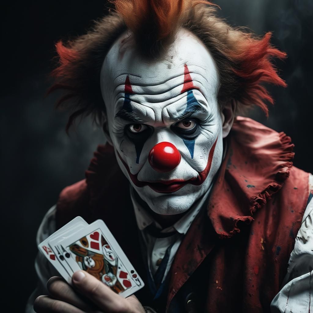 Intense Poker Face Clown Portrait in Oil Painting Style