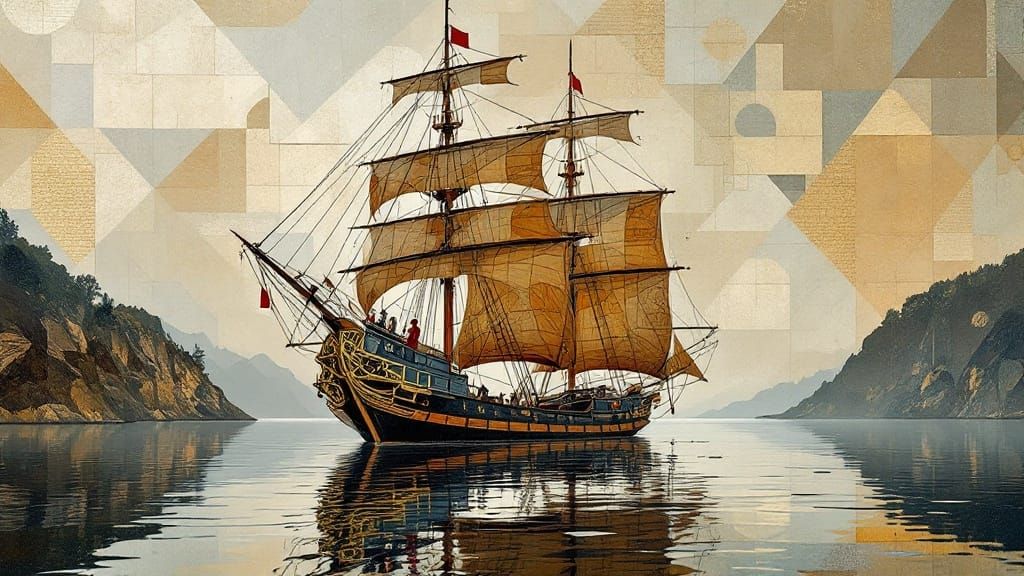 Elegant Sailing Ship in Geometric Textile Tapestry