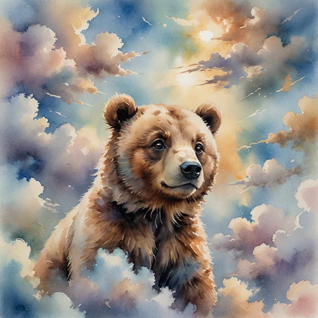 Cute Baby Bear Gazing at Clouds in Watercolor