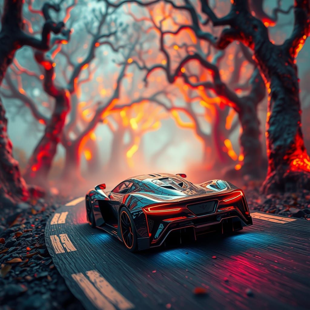 Miniature Supercar on Galaxy Forest Roadway