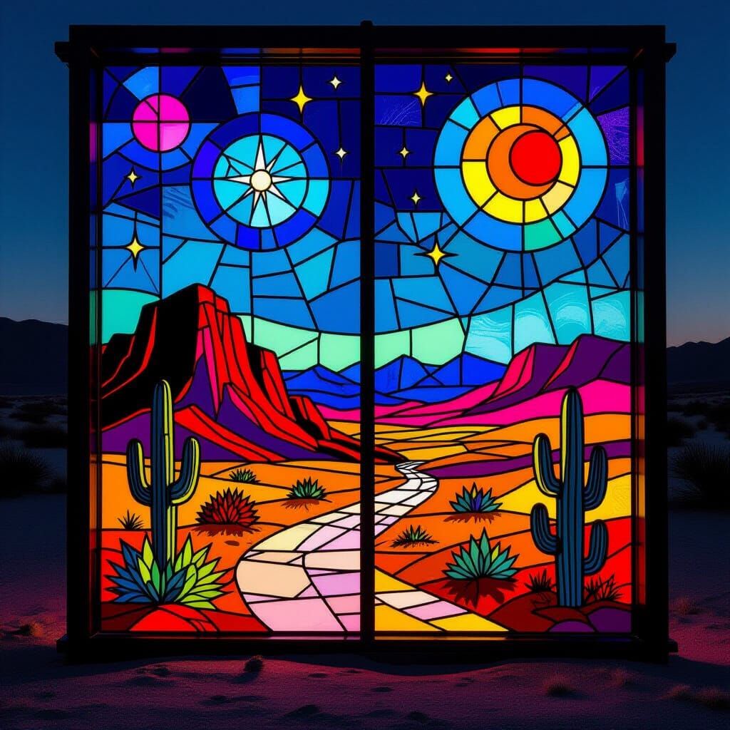 Cyberpunk Desert Outpost Stained Glass Art