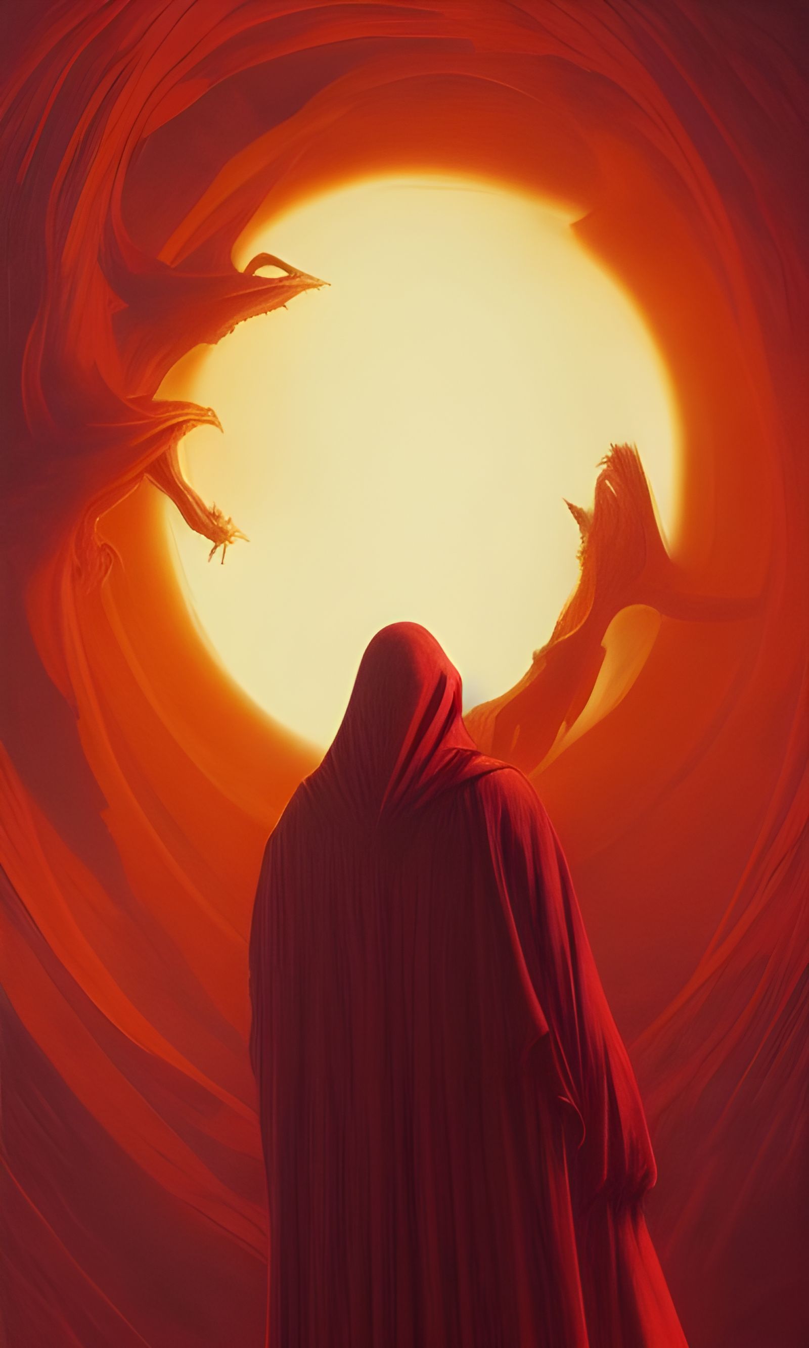 Red Cloak Soaring Skyward: Hyperdetailed Poster Art