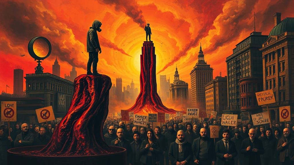 Dystopian Protest in Surreal Melting Cityscape