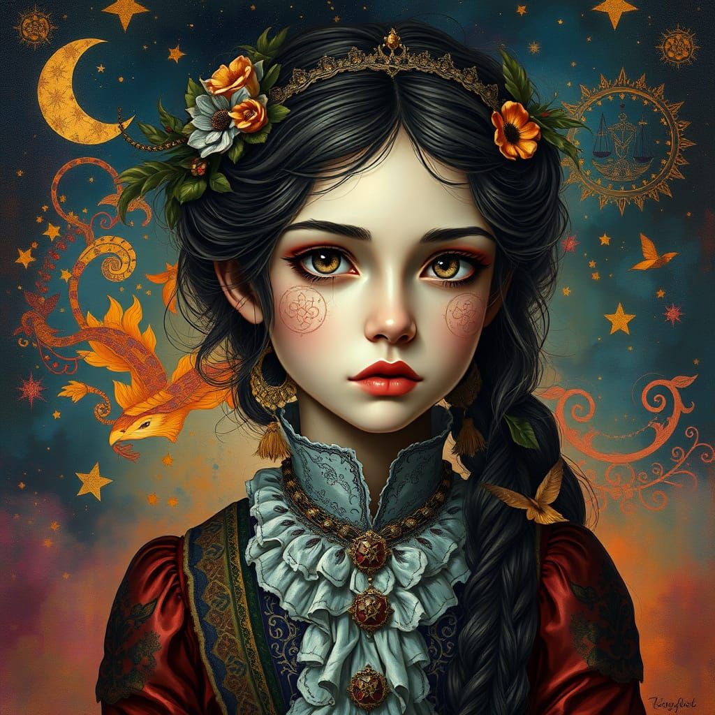 Mystical Folk Art Portrait of a Libra Girl in a Celestial Re...