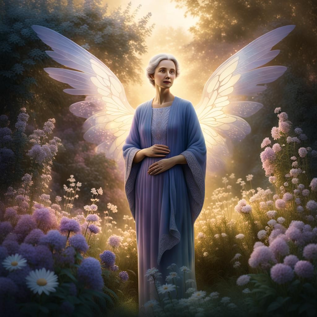 Radiant Mother in Serene Garden, Art Nouveau Style