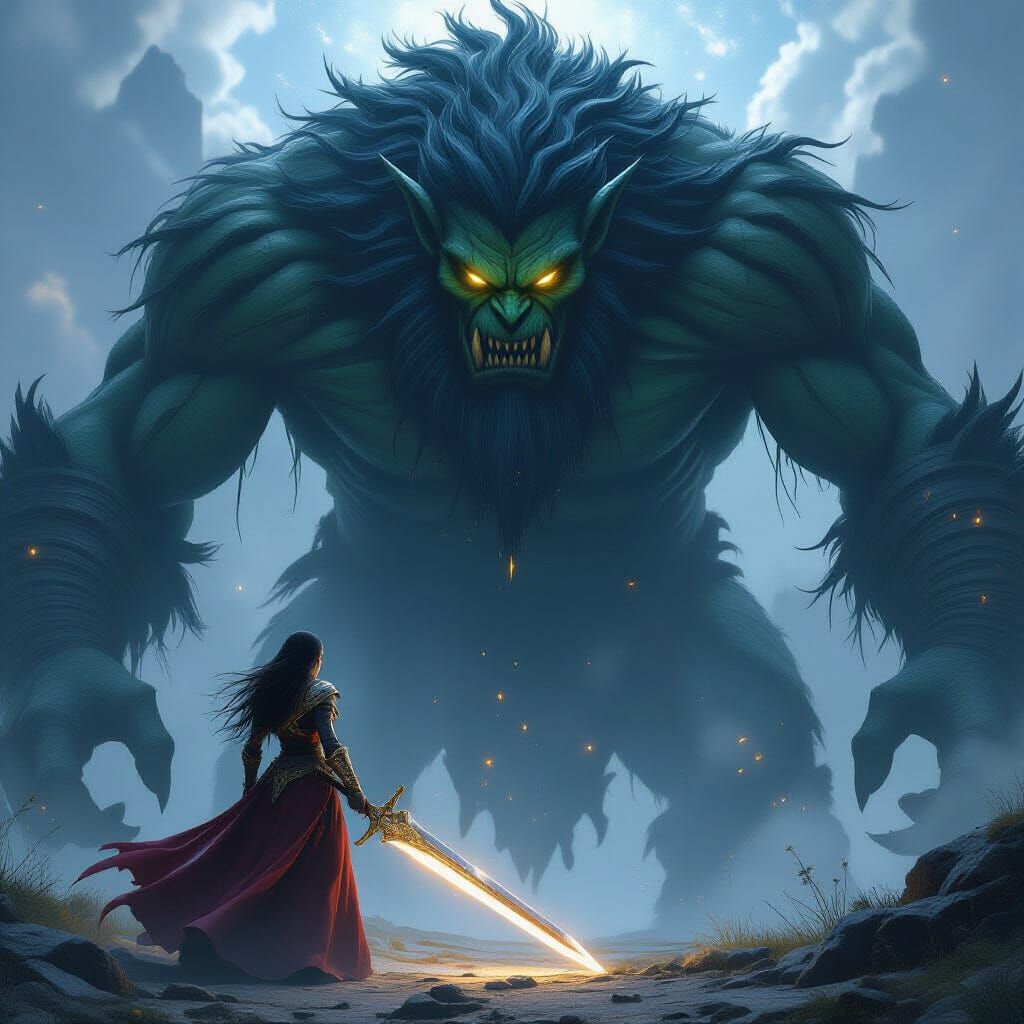 Female Warrior Confronts Troll in Cosmic Fantasy Style