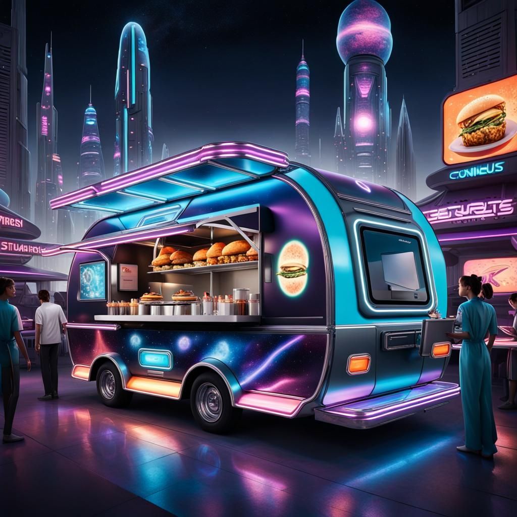 food truck adorned with futuristic designs and vibrant neon lights