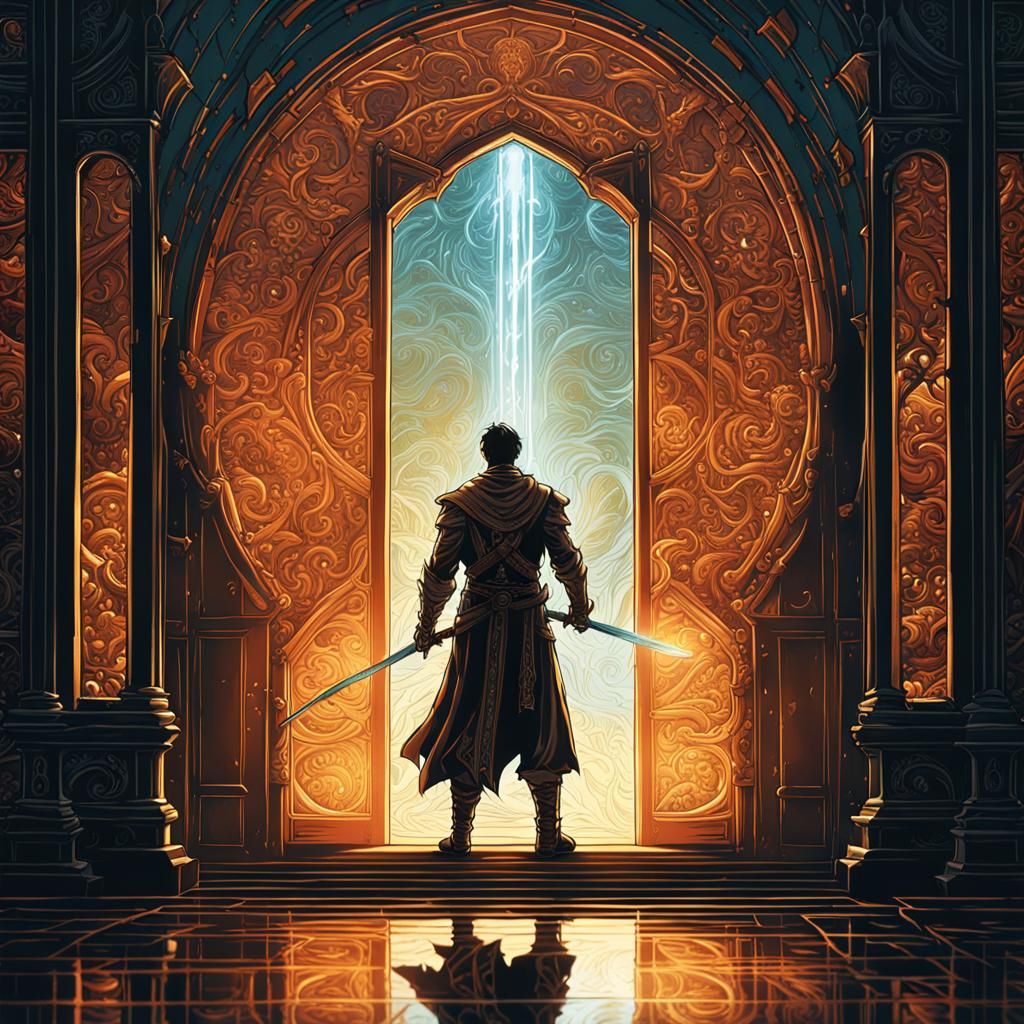 Fantasy Warrior Guards a Swirling Portal
