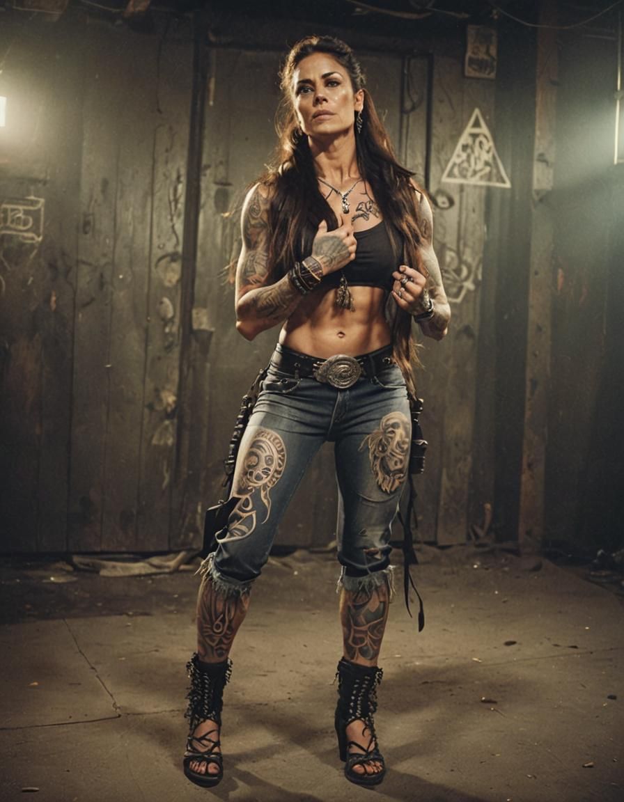 Muscular Woman with Tattoos in Cinematic Style