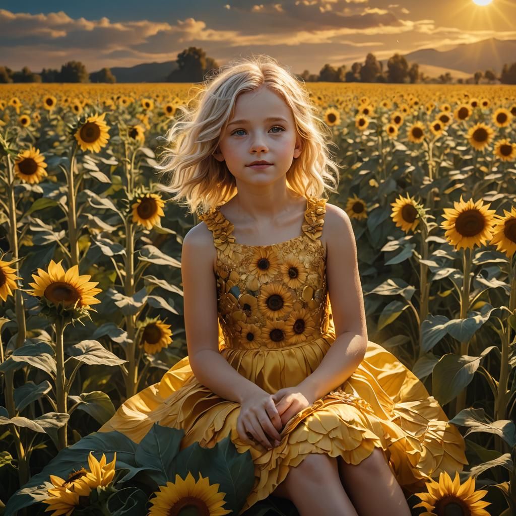 Surreal Yellow Fantasy Landscape with Girl and Sunflowers