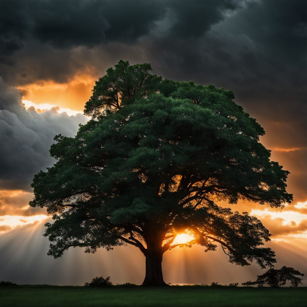 Sunlight Illuminates a Tree Amidst Dark Stormy Skies
