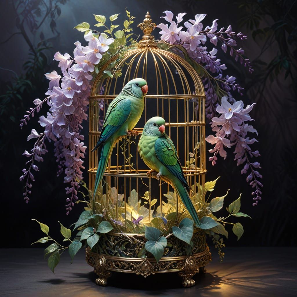 Golden Birdcage with Parakeets and Wisteria in Moonlight
