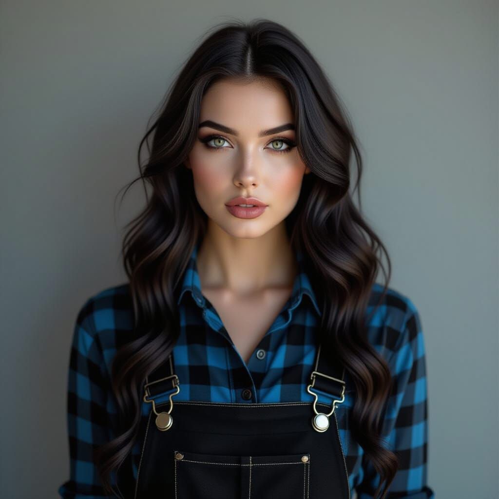 Photorealistic Goth Woman in Overalls and Plaid Shirt