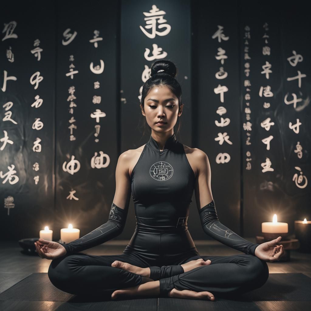 Meditating Asian Woman in Dark Yoga Studio
