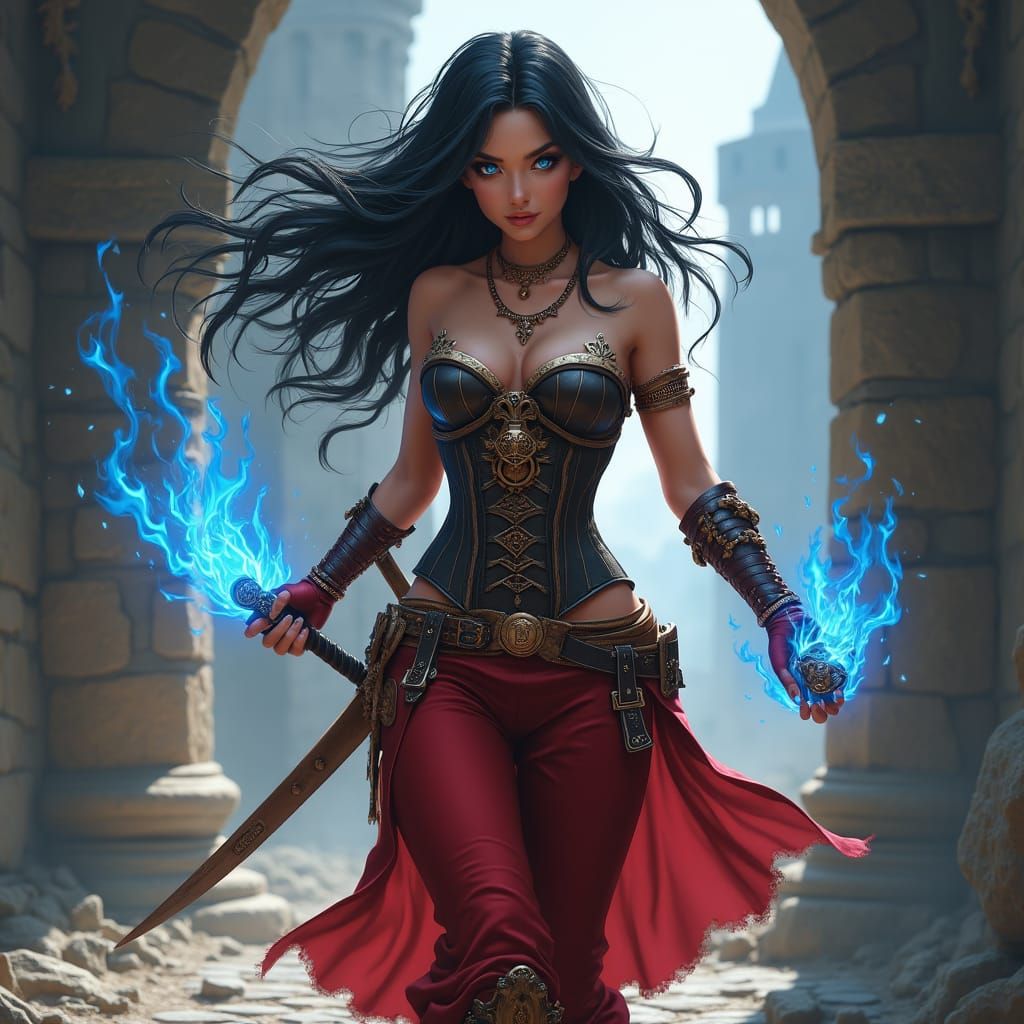 Steampunk Warrior Emerges from Castle with Blue Flames