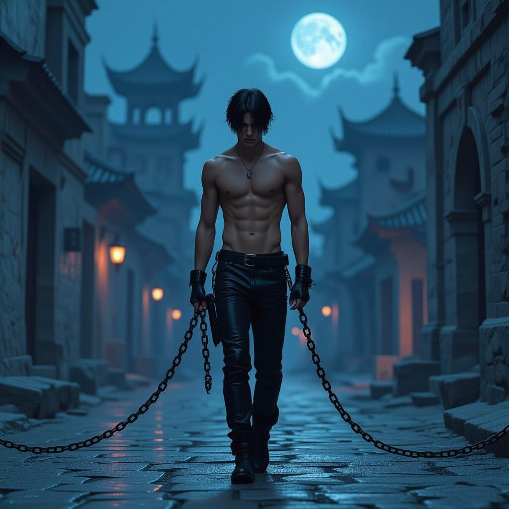 Neon Noir Man Walks Ruined City at Night