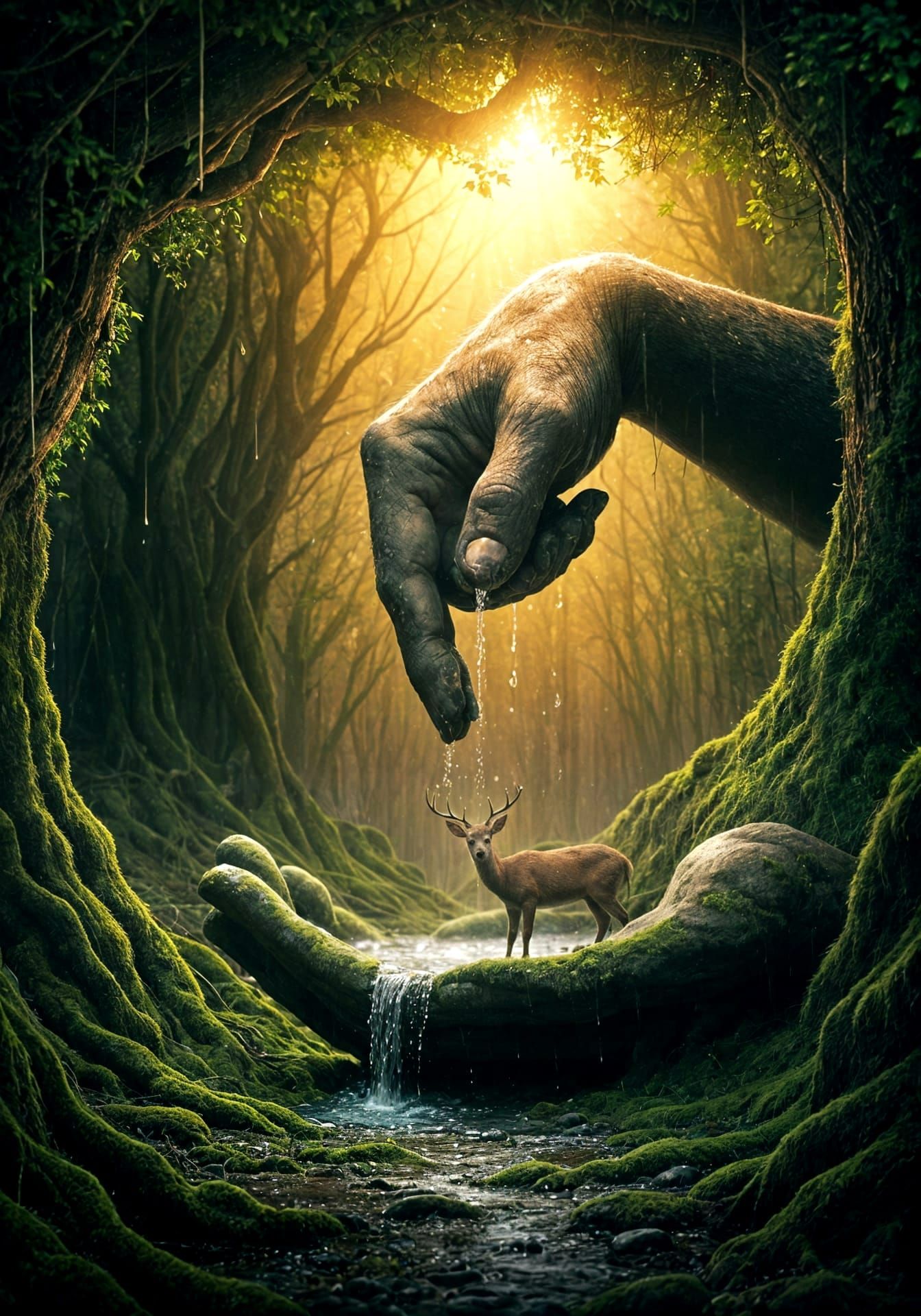Surreal Forest: Deer Drinks from Giant Hand