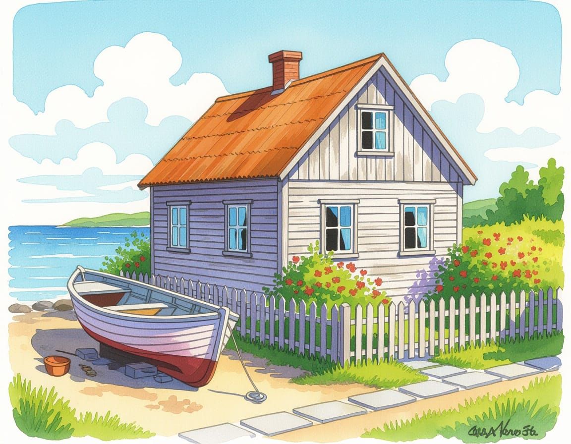 Old Wooden House and Boat by Seashore in Watercolor